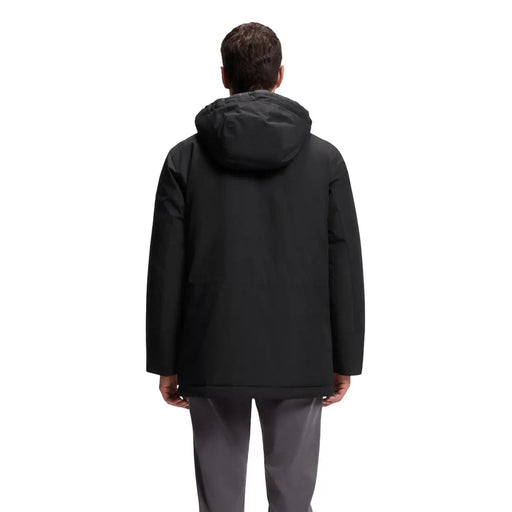 Boss men jacket black hooded long polyester with sleek modern design and subtle stitching details front view