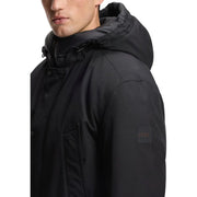 Black Boss men jacket hooded long winter coat with quilted polyester lining and subtle sleeve brand patch