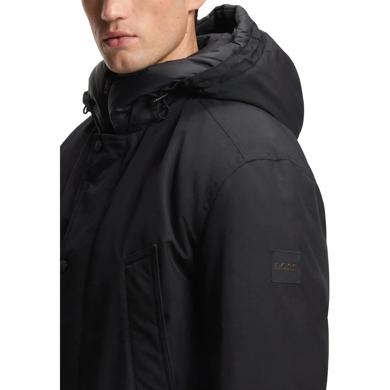 Black Boss men jacket hooded long winter coat with quilted polyester lining and subtle sleeve brand patch