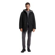 Boss men jacket black hooded long polyester with sleek modern design and subtle gray inner lining shown from the back side