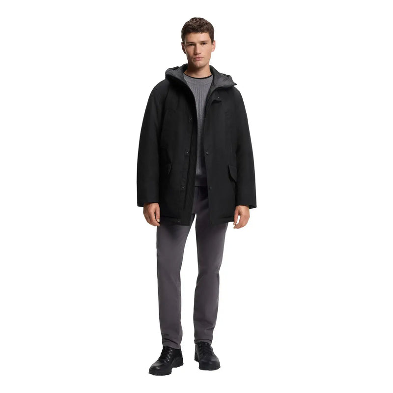 Boss men jacket black hooded long polyester with sleek modern design and subtle gray inner lining shown from the back side