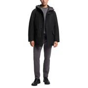 Boss men jacket black hooded long polyester parka with sleek modern design and subtle gray inner lining