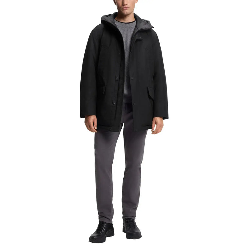 Boss men jacket black hooded long polyester parka with sleek modern design and subtle gray inner lining