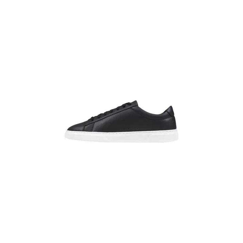 Boss men leather sneakers black lace up low top featuring black leather and white rubber sole