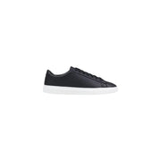 Boss men leather sneakers black lace up low top with black leather upper and white rubber sole