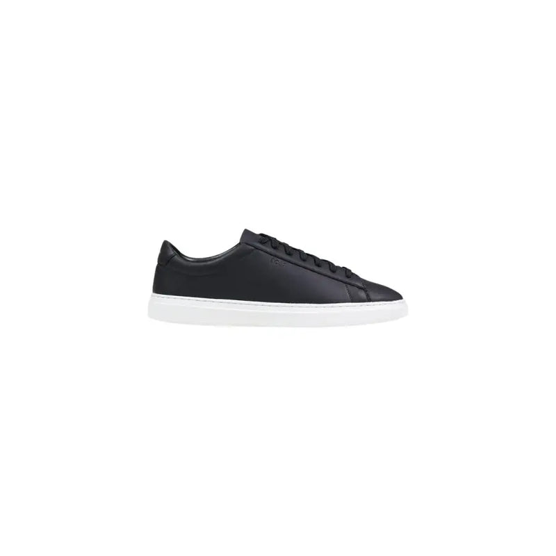 Boss men leather sneakers black lace up low top with black leather upper and white rubber sole