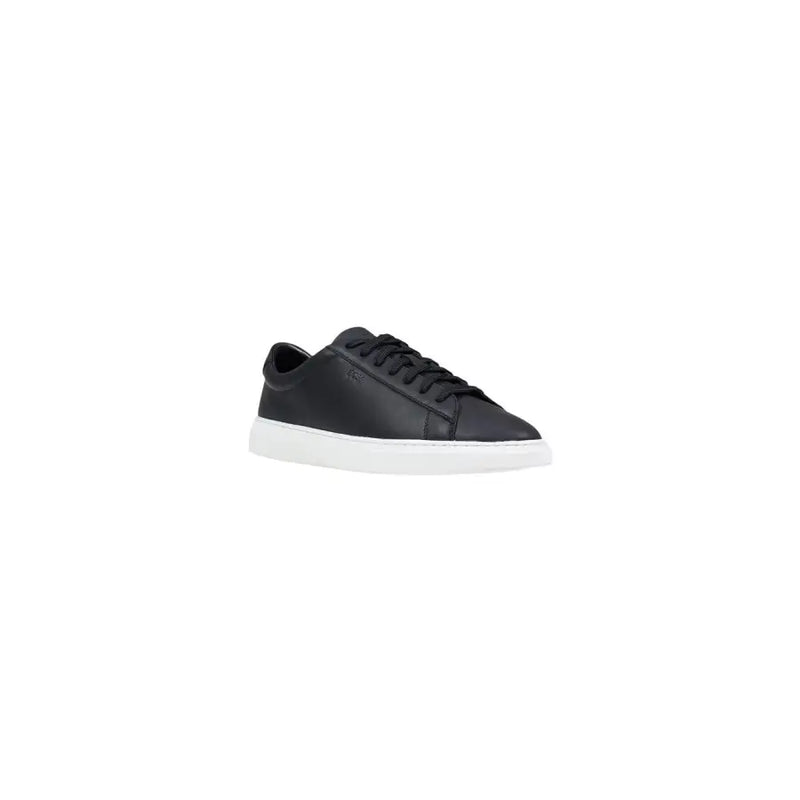Boss men leather sneakers black lace up low top featuring black leather and white rubber sole