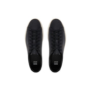 Black leather Boss men lace up sneakers with white rubber soles designed for sporty casual wear