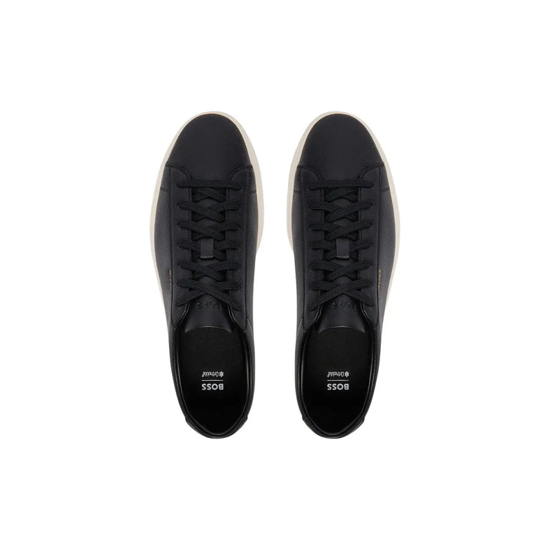 Black leather Boss men lace up sneakers with white rubber soles designed for sporty casual wear