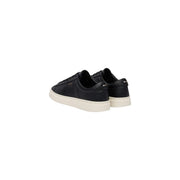 Black leather low-top boss men leather sneakers with white rubber sole and subtle heel branding shown from the back
