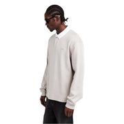 Boss men polo long sleeve grey cotton blend featuring a beige shirt with white collar and subtle chest embroidery