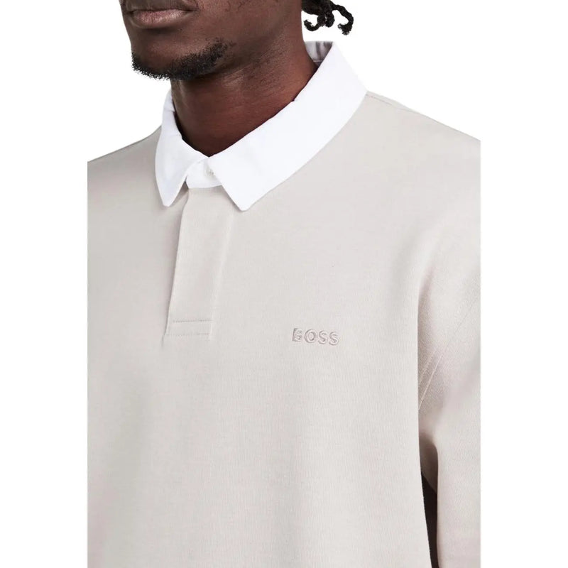 Boss men polo long sleeve grey cotton blend featuring beige textured fabric with white collar and boss embroidery
