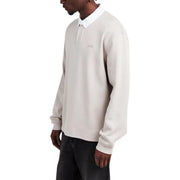 Beige boss men polo long sleeve in grey cotton blend with white collar and subtle boss embroidery on chest