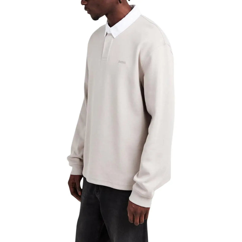 Beige boss men polo long sleeve in grey cotton blend with white collar and subtle boss embroidery on chest