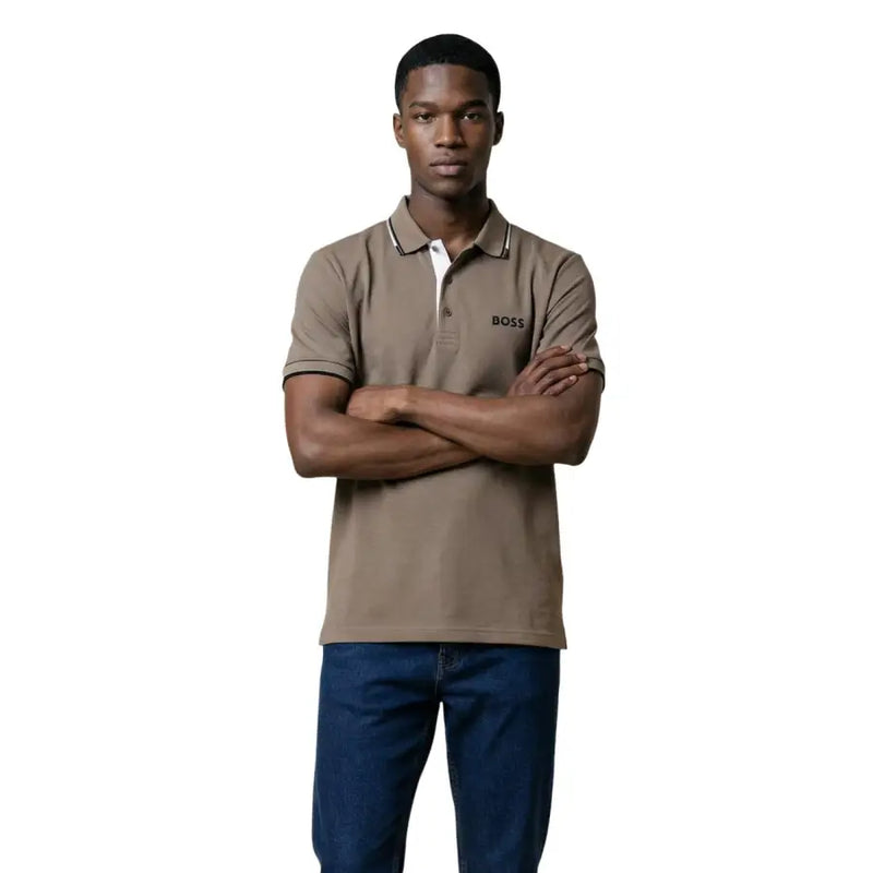 Boss men polo shirt grey cotton blend short sleeve with taupe color white collar and black trim on placket and cuffs