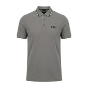 Boss men polo shirt grey cotton blend short sleeve size L with black trim and subtle Hugo Boss branding on front