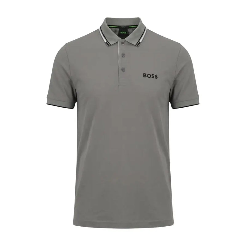 Boss men polo shirt grey cotton blend short sleeve size L with black trim and subtle Hugo Boss branding on front