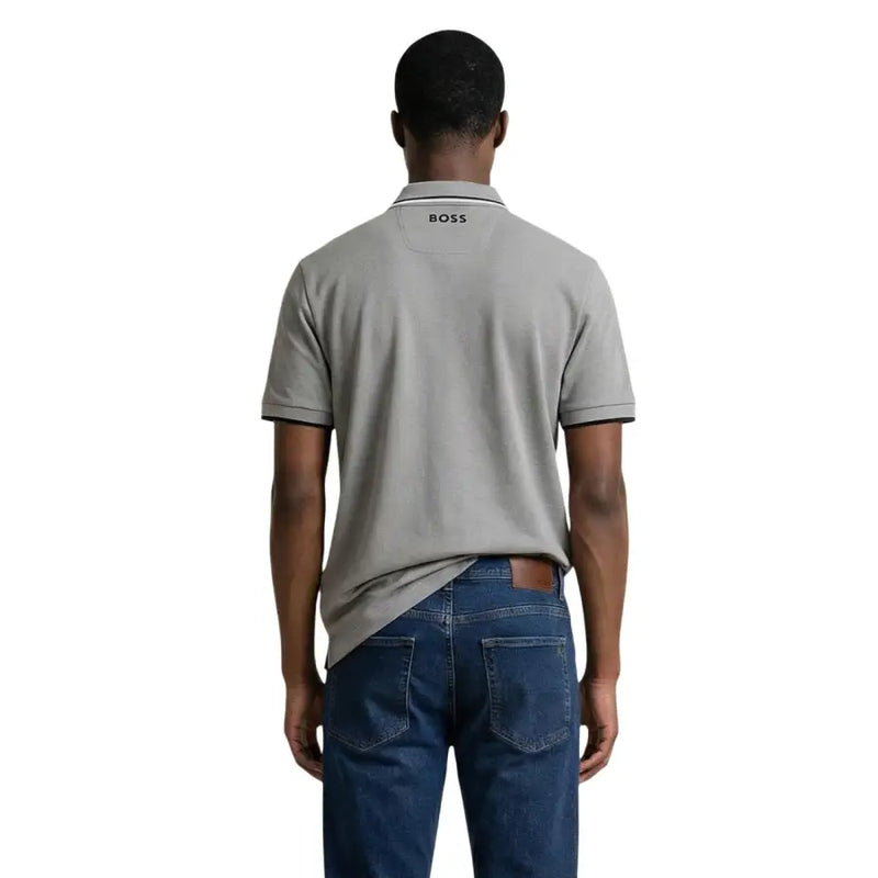 Back view of a boss men polo shirt grey cotton blend with black trim and a subtle logo on the back collar size l