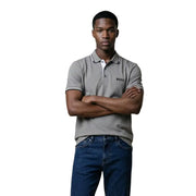 Boss men polo shirt gray cotton blend short sleeve with white collar and sleeve trim size L displayed front view