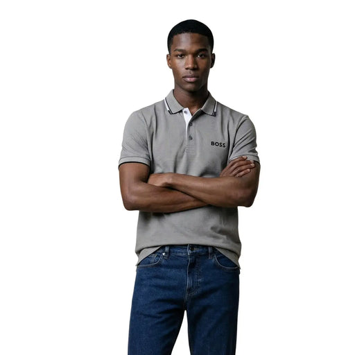 Boss men polo shirt gray cotton blend short sleeve with white collar and sleeve trim size L displayed front view