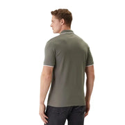 Boss Herren-Poloshirt, olivgrün, kurzärmelig, aus Baumwoll-Elastan mit weißem Besatz an Kragen und Bündchen