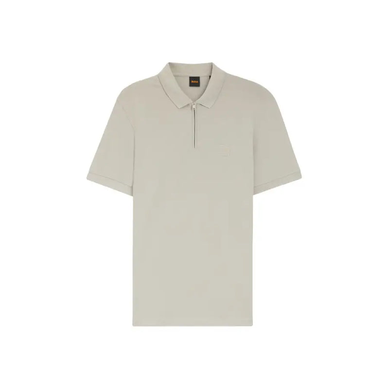 Beige boss men polo shirt made of cotton with short sleeves and a subtle zipper placket minimalist branding