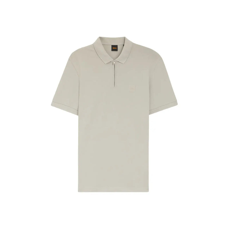 Beige boss men polo shirt made of cotton with short sleeves and a subtle zipper placket minimalist branding