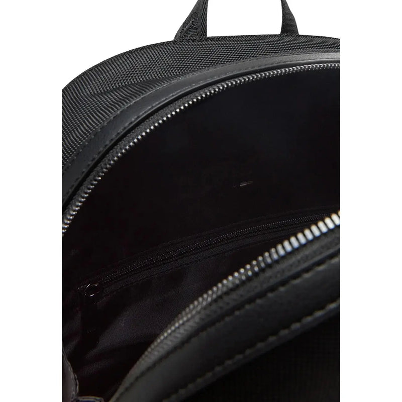 Black Boss men rucksack with textured polyester exterior and smooth black leather trim measuring 30x40x14 cm