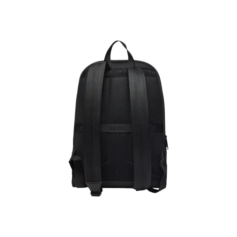 Black hugo boss men rucksack polyester backpack with mesh back panel and adjustable shoulder straps shown from back side