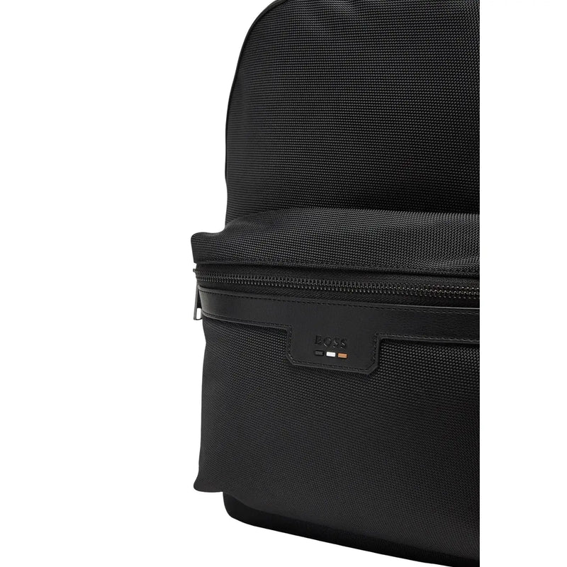 Black boss men rucksack made of textured polyester with sleek zipper and leather logo patch 30x40x14 cm
