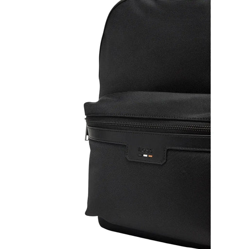 Black boss men rucksack made of textured polyester with sleek zipper and leather logo patch 30x40x14 cm