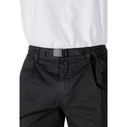 Black nylon belt with matte gray plastic buckle featured with boss men shorts for casual wear