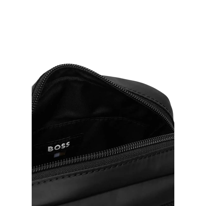 Black Hugo Boss crossbody bag with sleek minimalist design and durable polyurethane fabric measuring 16x22x6 cm
