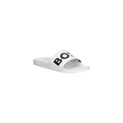 Boss men slippers white logo print pvc slide sandal with bold black lettering on strap for spring summer use