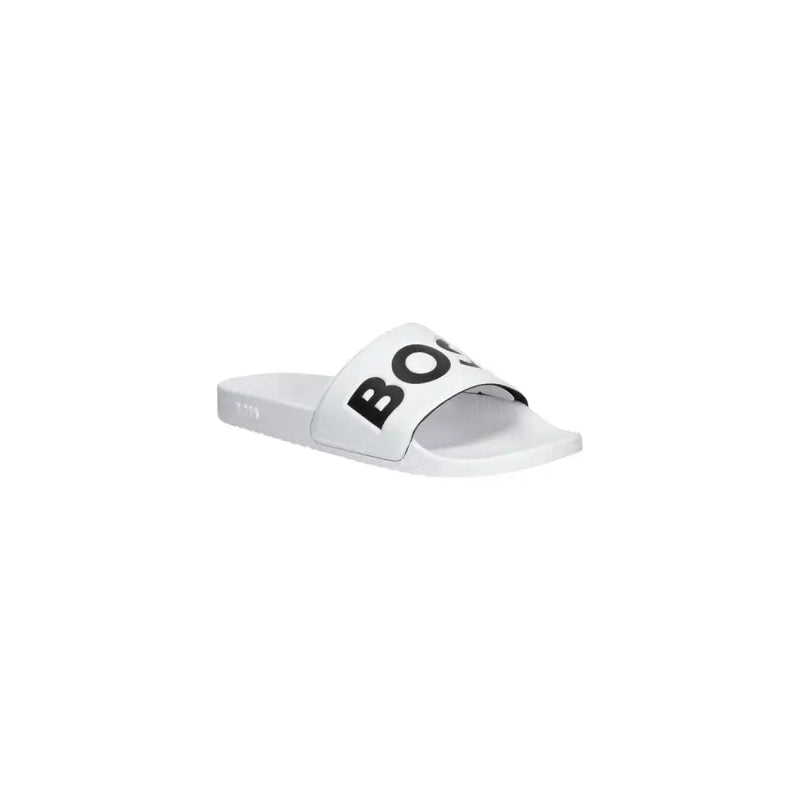 Boss men slippers white logo print pvc slide sandal with bold black lettering on strap for spring summer use