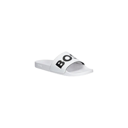 Boss men slippers white logo print pvc slide sandal with bold black lettering on strap for spring summer use