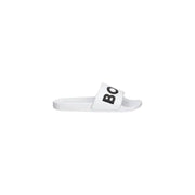 White Boss men slippers with bold black bo lettering on white PVC slide strap for spring summer wear