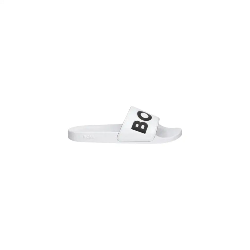 White Boss men slippers with bold black bo lettering on white PVC slide strap for spring summer wear