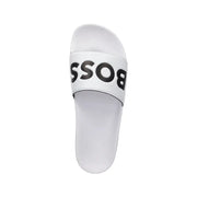 White boss men slippers with bold black logo print on pvc strap designed for spring summer use