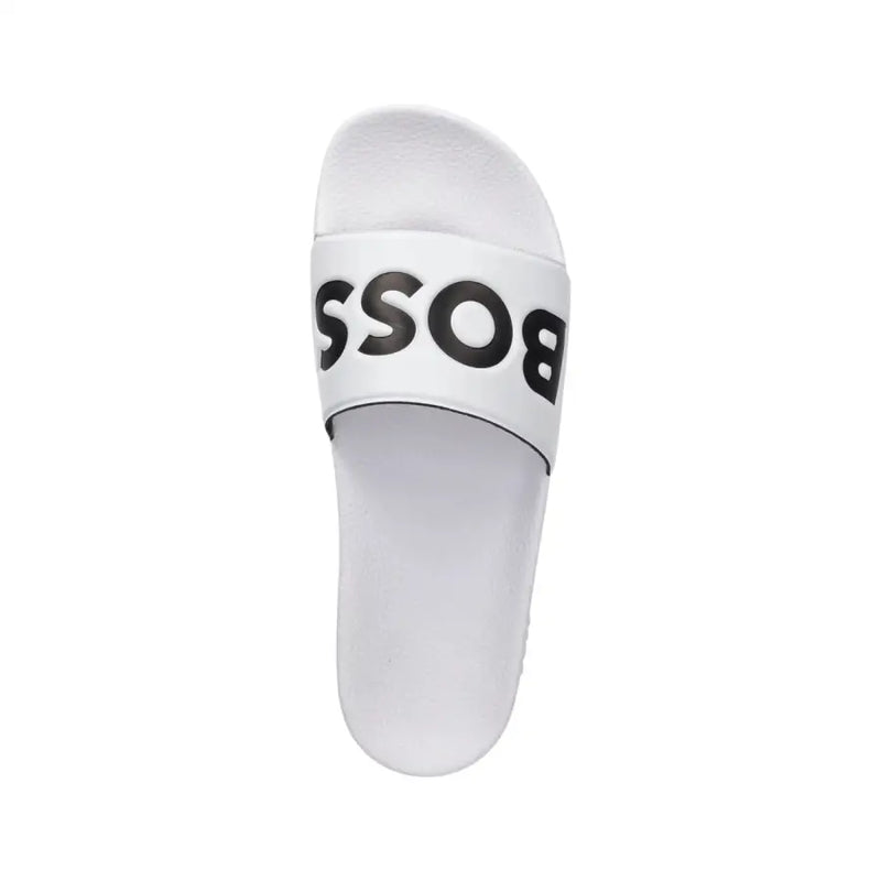 White boss men slippers with bold black logo print on pvc strap designed for spring summer use