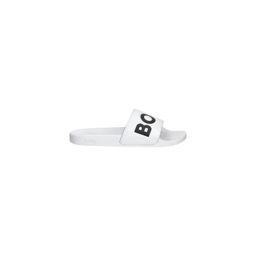 White Boss men slippers with bold black bo lettering on white PVC slide strap for spring summer wear