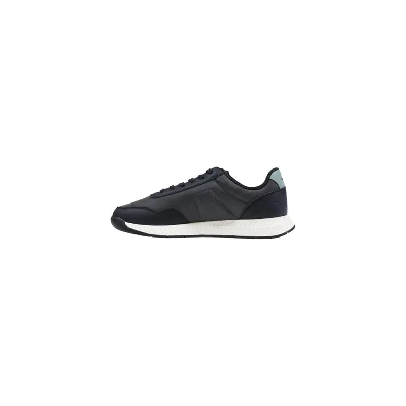 Black boss men sneakers with matte finish gray accents and white rubber sole made of grey polyester for spring summer use