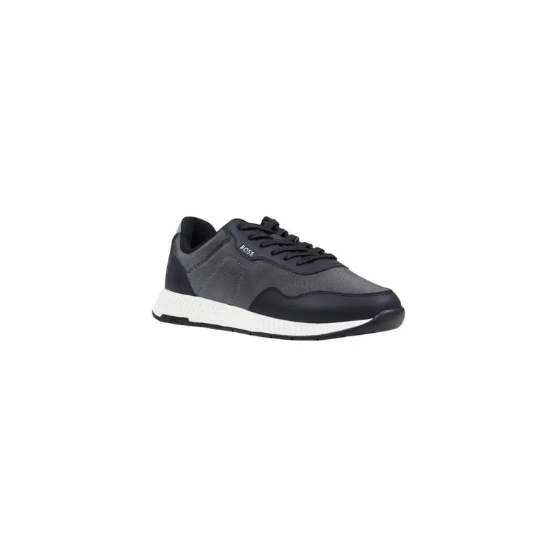Dark gray and black hugo boss men sneaker with grey polyester lace up and white rubber sole for spring summer