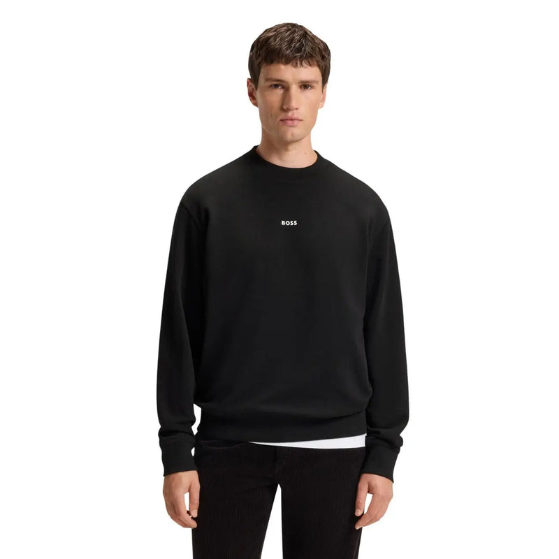 Boss men sweatshirt black round neck 100 cotton long sleeve with subtle white logo and contrasting white hem trim