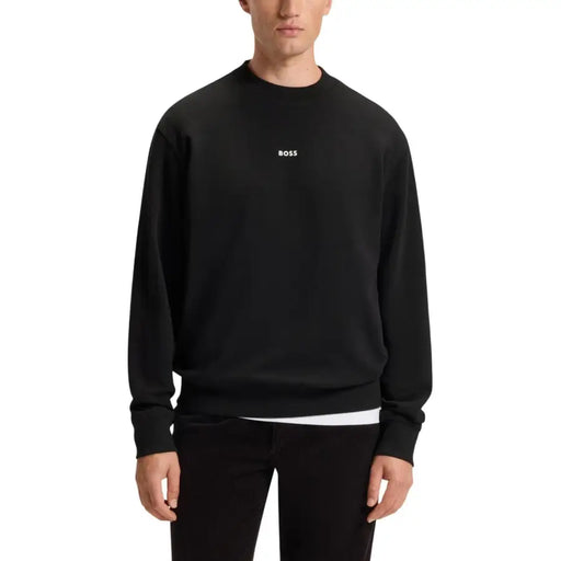 Black boss men sweatshirt with subtle white logo on chest 100 percent cotton long sleeve round neck design