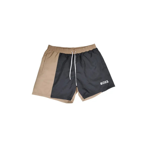Beige and black two-tone boss men swimwear trunks with white drawstring made of polyester for fall winter use