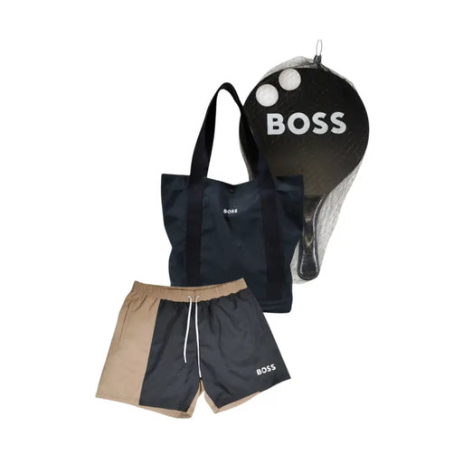 Boss men swimwear beige and black two-tone polyester swim shorts with white drawstring and Boss logo on the side