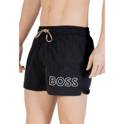 Schwarze Boss Herren-Badehose aus Polyamid mit weiß umrandetem Logo und hellbraunen Schnürtaschen mit Kordelzug