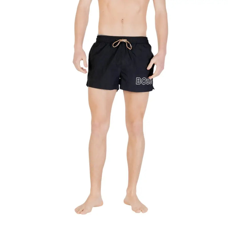 Boss men swimwear black swim trunks with white Hugo Boss logo and beige drawstring for stylish beachwear