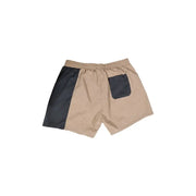 Boss men swimwear beige and black two-tone swim trunks with a side pocket for stylish beachwear